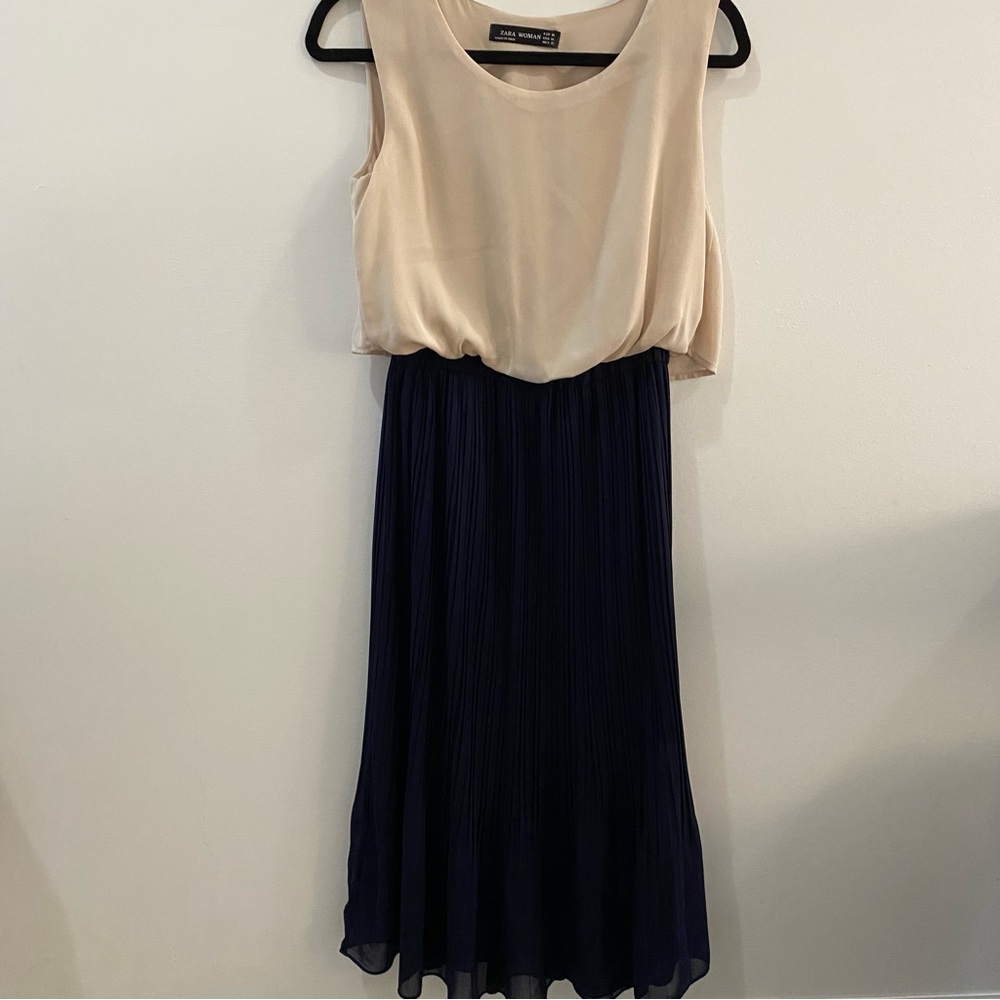 ZARA Cream and Blue Pleated Dress